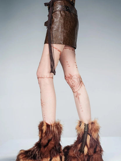 Snake Textured Double Belt Fringe Leather Skirt With Waistchain