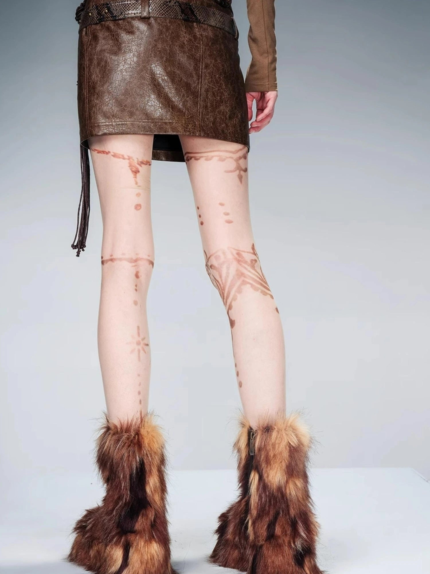 Snake Textured Double Belt Fringe Leather Skirt With Waistchain