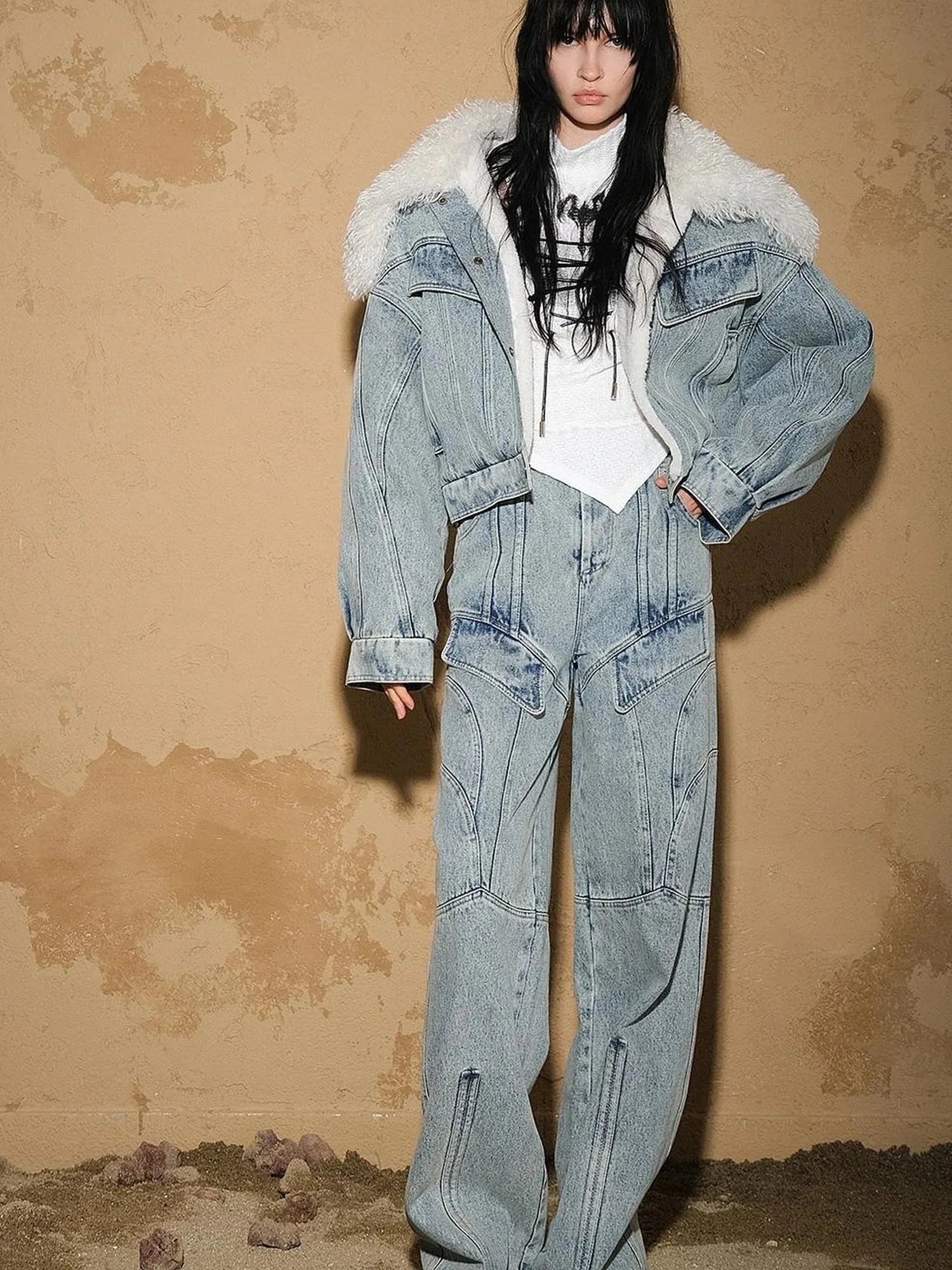 Snowwash Flared Jeans With Astro Design