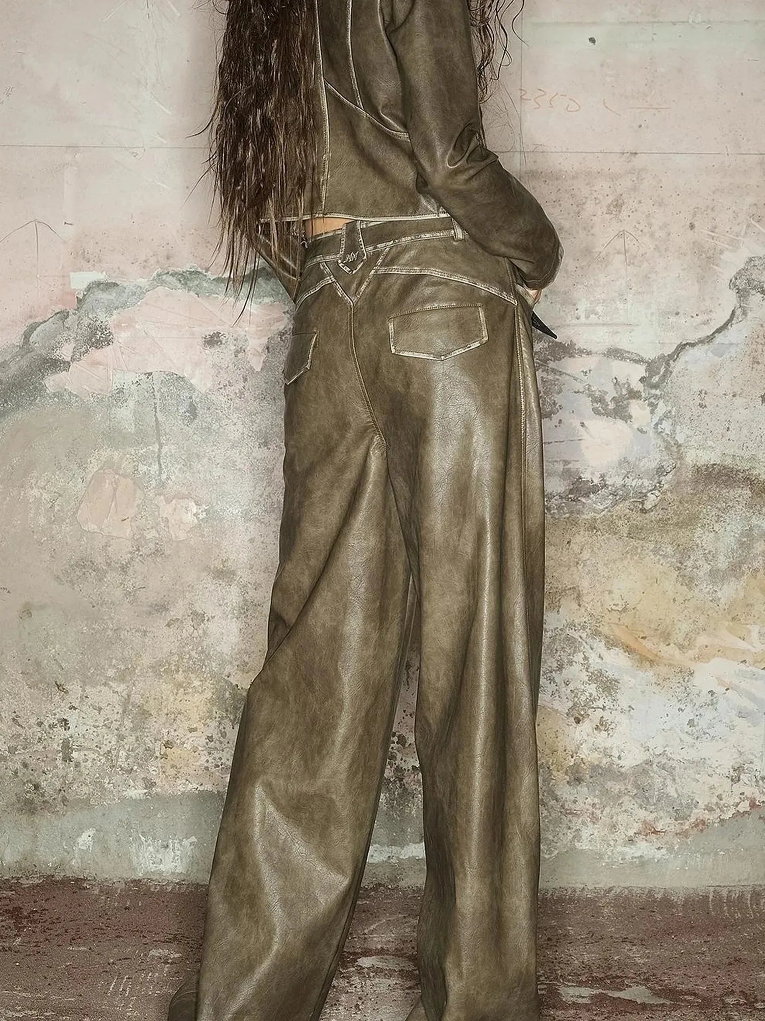 Straight Leg Faded Wide Cuff Leather Pants