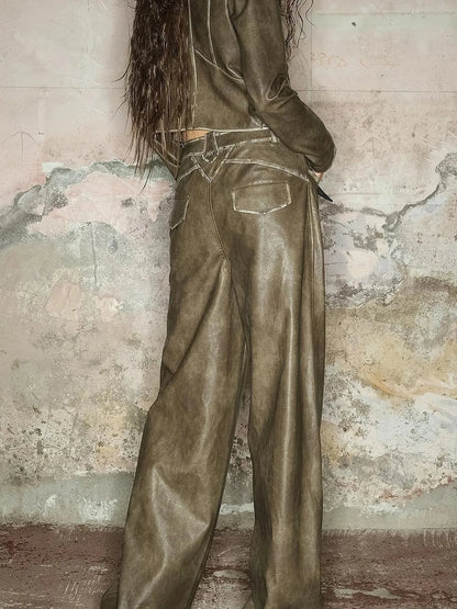 Straight Leg Faded Wide Cuff Leather Pants