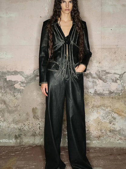 Straight Leg Faded Wide Cuff Leather Pants