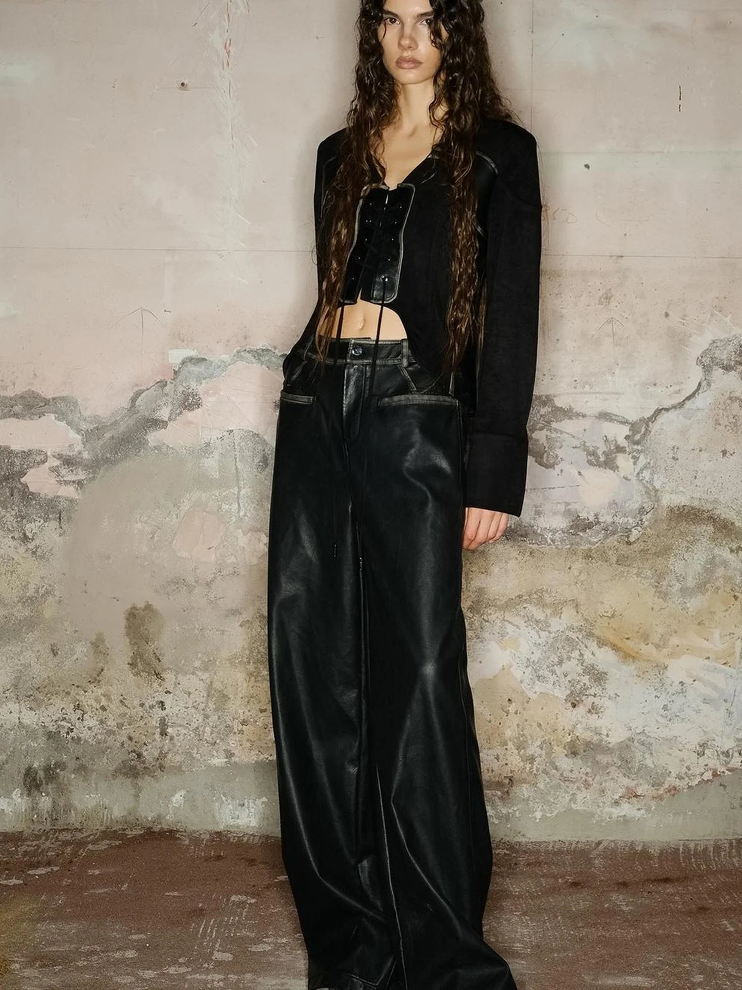 Straight Leg Faded Wide Cuff Leather Pants