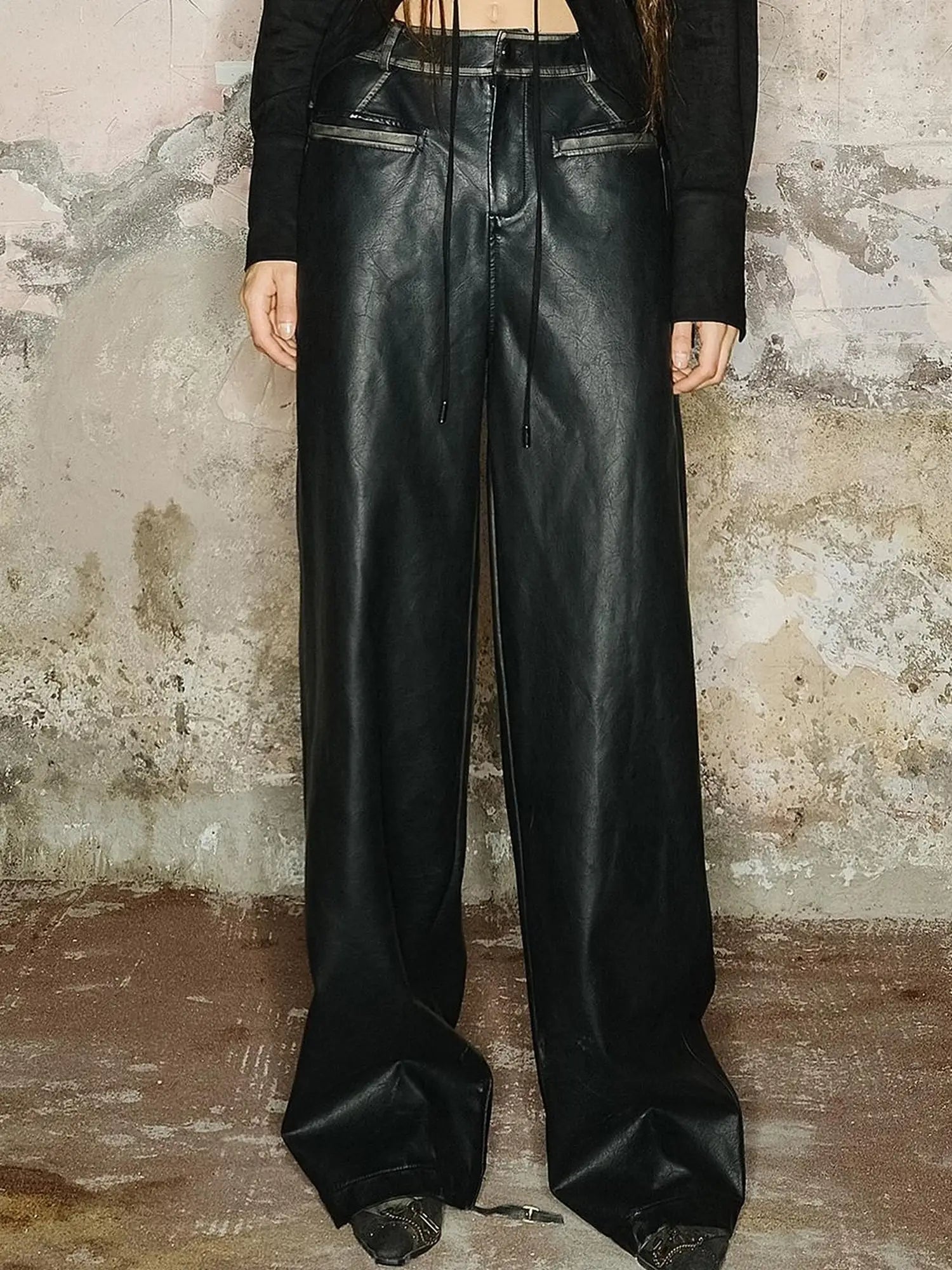 Straight Leg Faded Wide Cuff Leather Pants