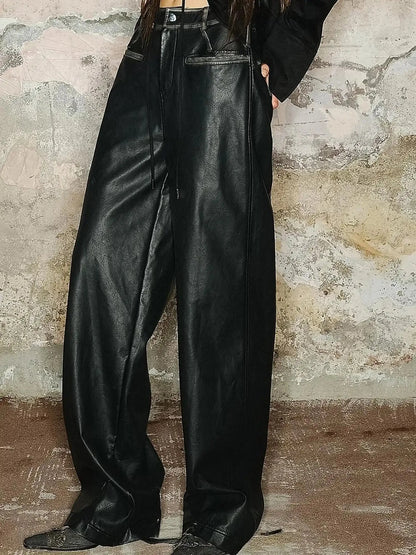 Straight Leg Faded Wide Cuff Leather Pants