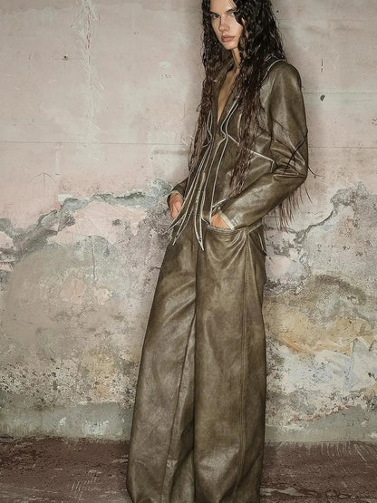 Straight Leg Faded Wide Cuff Leather Pants