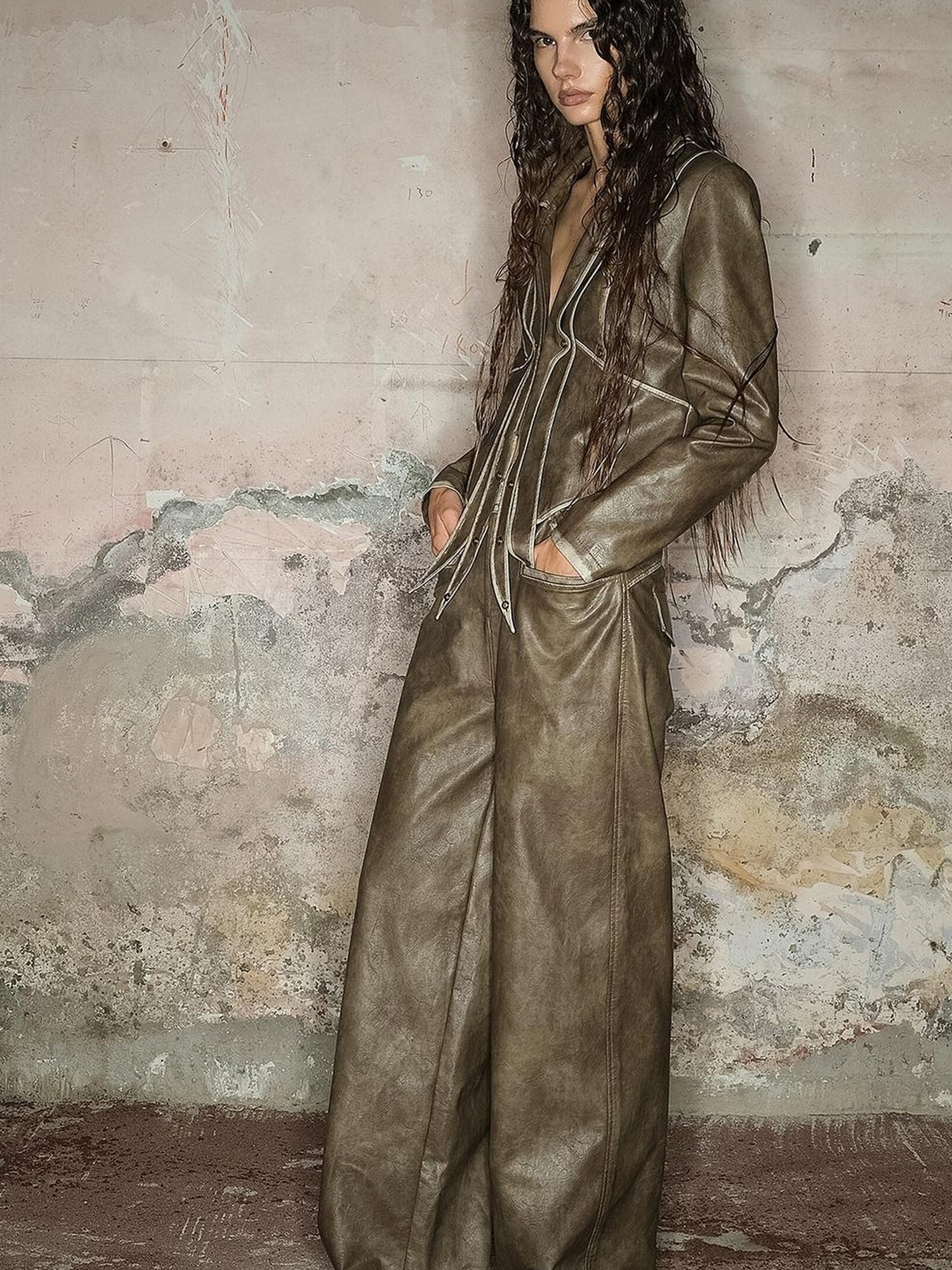 UpdateNN NORTH NODE Straight Leg Faded Wide Cuff Leather Pants