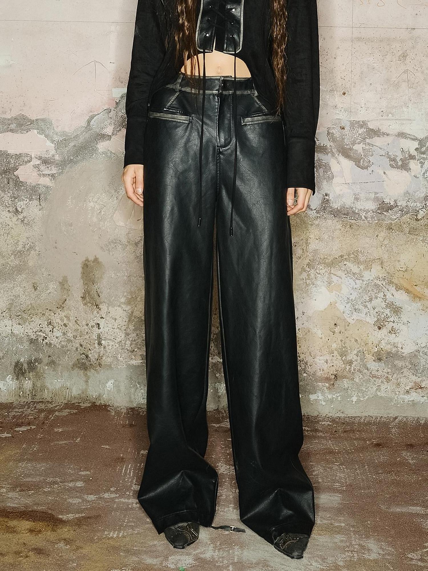 UpdateNN NORTH NODE Straight Leg Faded Wide Cuff Leather Pants