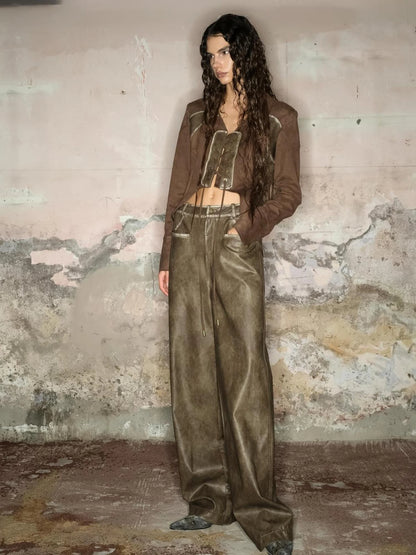 Straight Leg Faded Wide Cuff Leather Pants