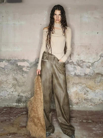 Straight Leg Faded Wide Cuff Leather Pants