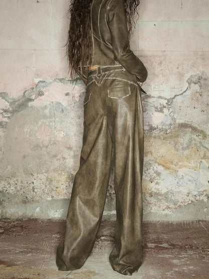 Straight Leg Faded Wide Cuff Leather Pants