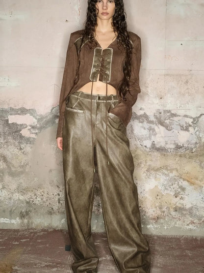 Straight Leg Faded Wide Cuff Leather Pants