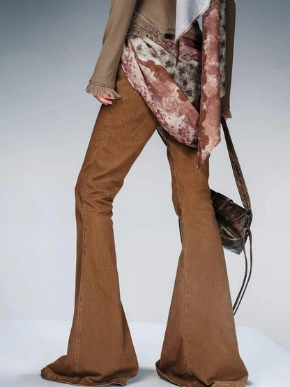 Stretch Denim Flare Pants With Detachable Printed Scarf