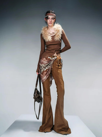NN NORTH NODE Stretch Denim Flare Pants With Detachable Printed Scarf