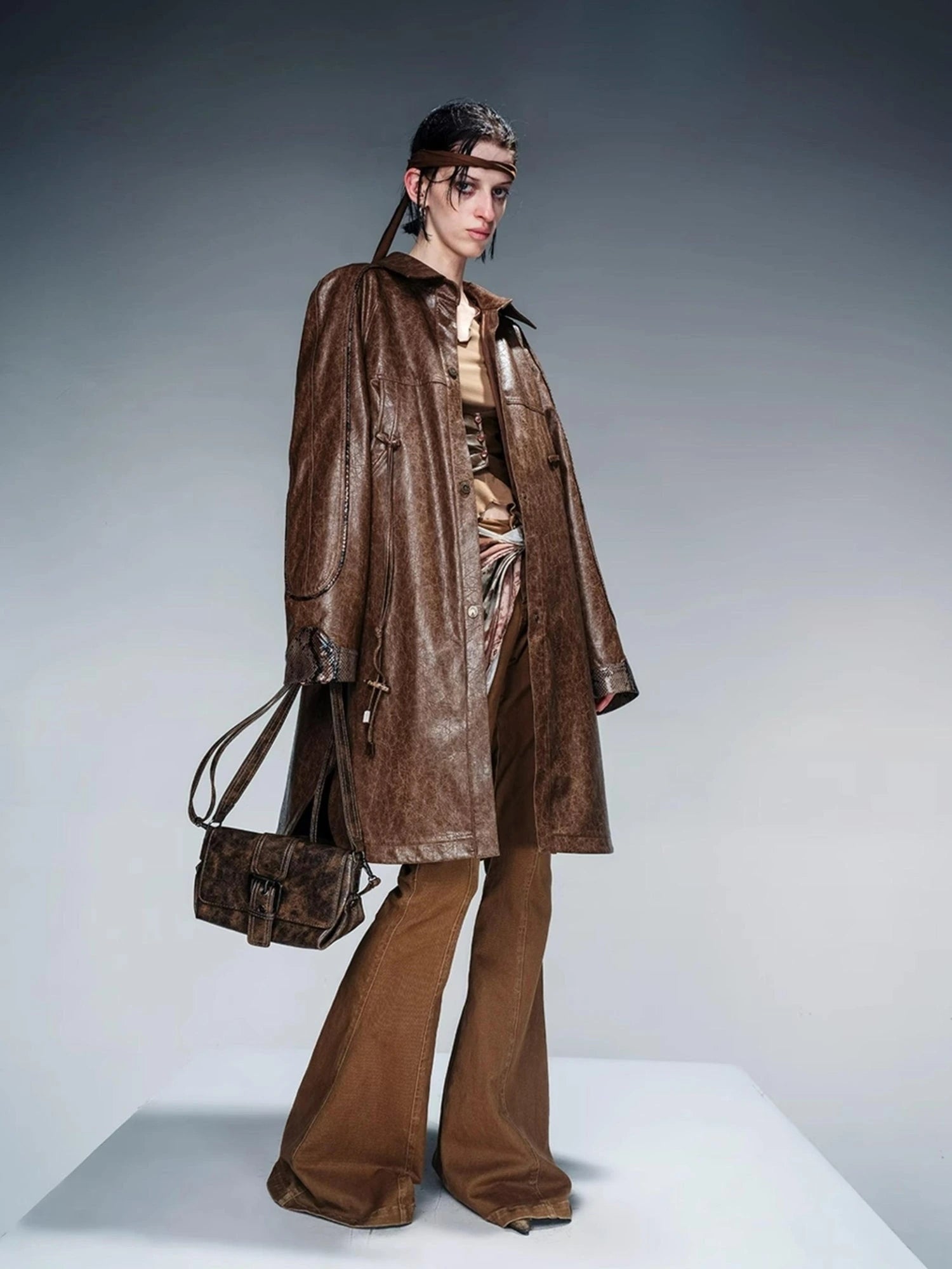 Stretch Denim Flare Pants With Detachable Printed Scarf