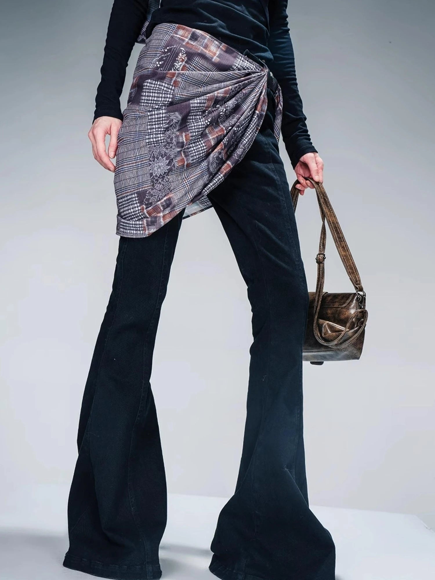 Stretch Denim Flare Pants With Detachable Printed Scarf
