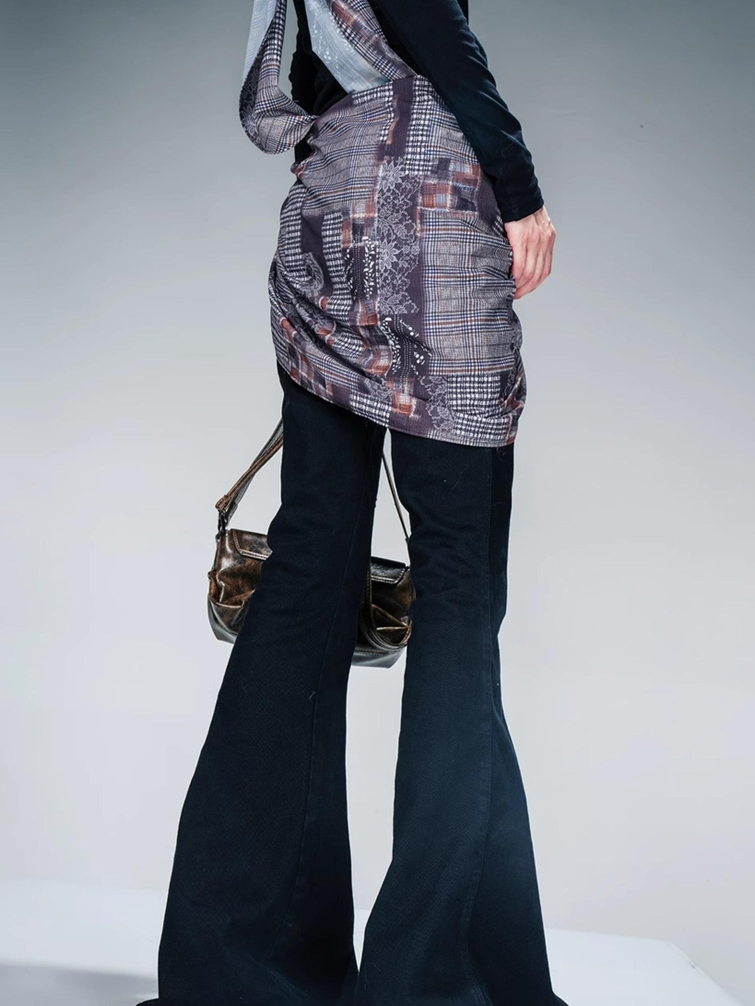 NN NORTH NODE Stretch Denim Flare Pants With Detachable Printed Scarf