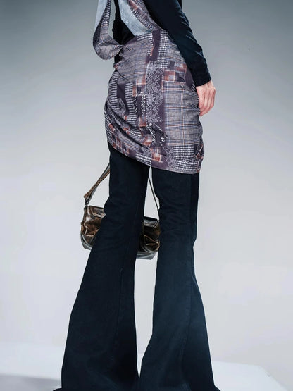 Stretch Denim Flare Pants With Detachable Printed Scarf