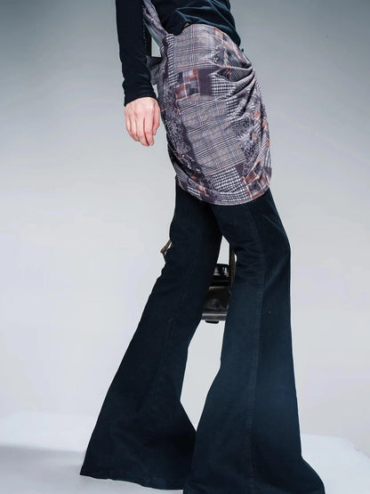 Stretch Denim Flare Pants With Detachable Printed Scarf