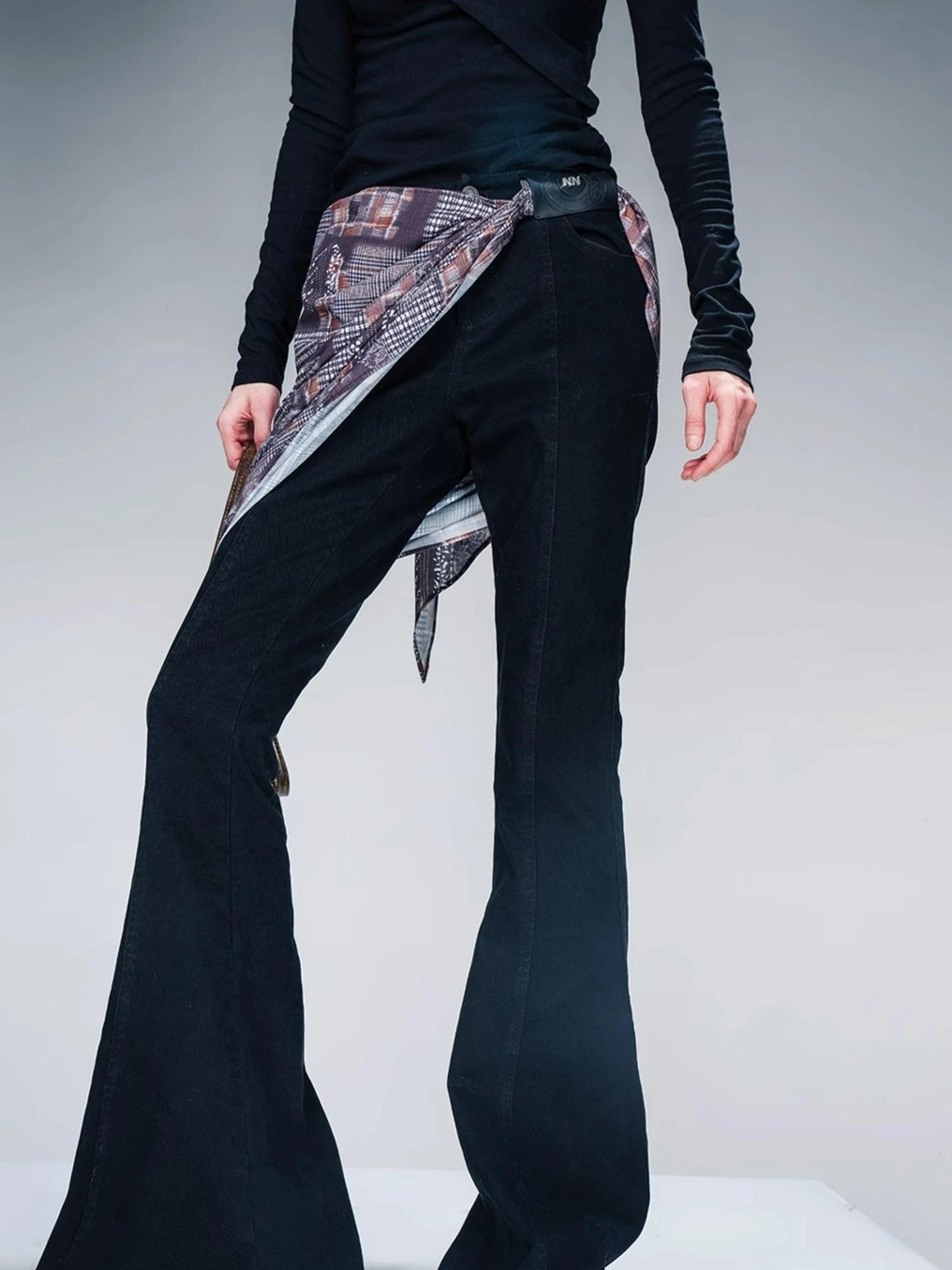 Stretch Denim Flare Pants With Detachable Printed Scarf