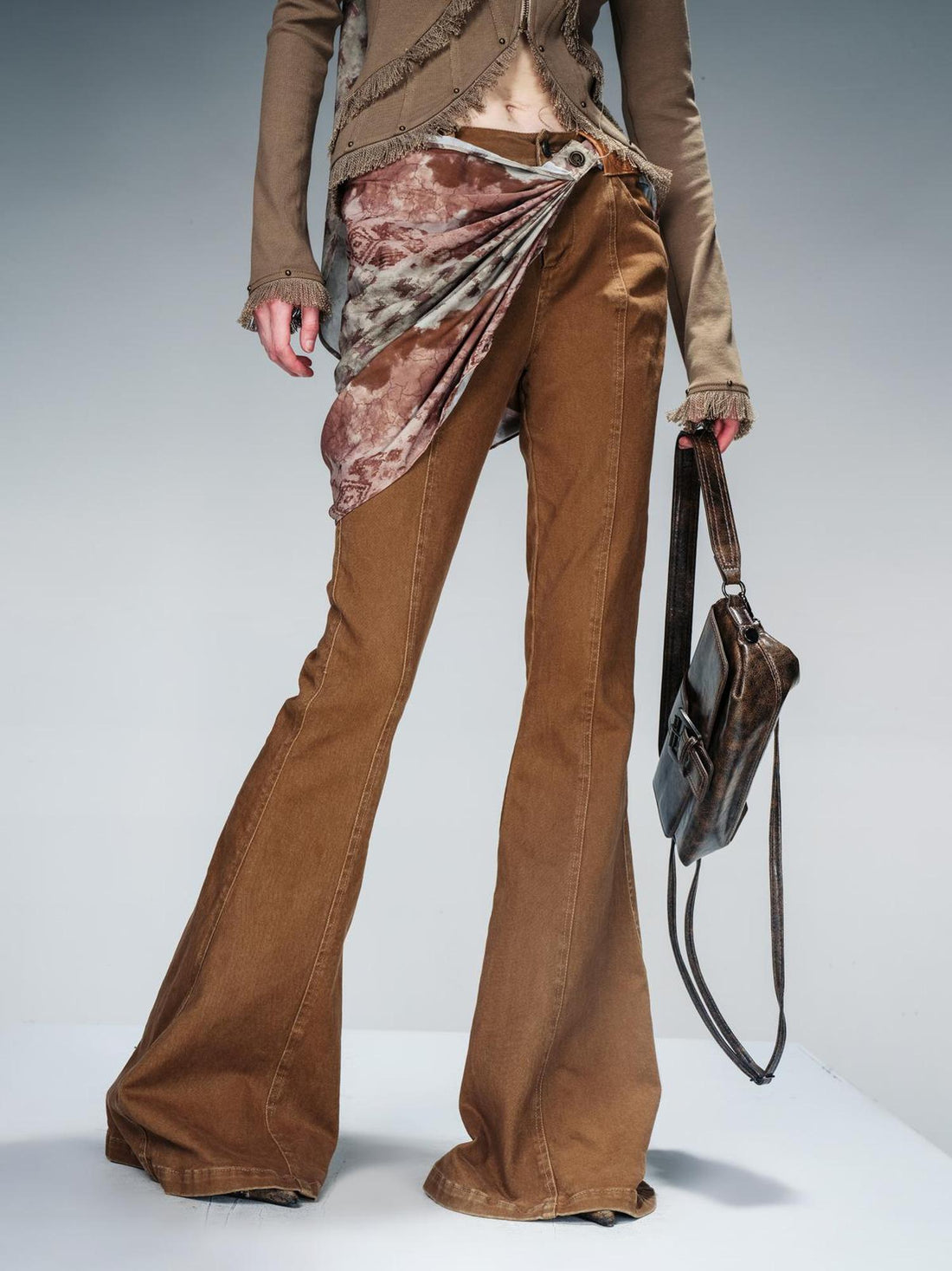 NN NORTH NODE Stretch Denim Flare Pants With Detachable Printed Scarf