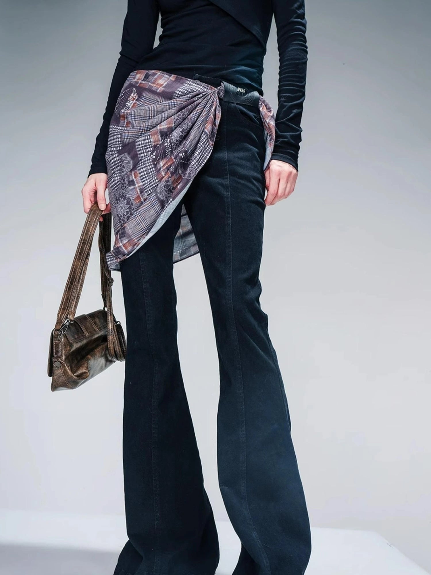 Stretch Denim Flare Pants With Detachable Printed Scarf