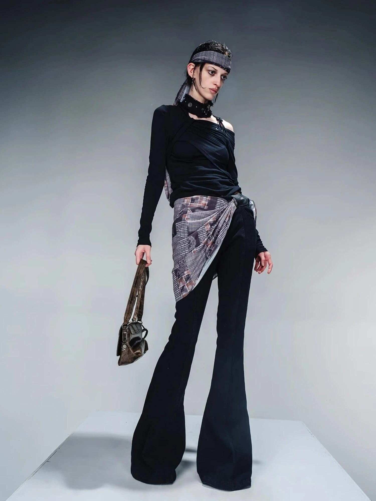 Stretch Denim Flare Pants With Detachable Printed Scarf