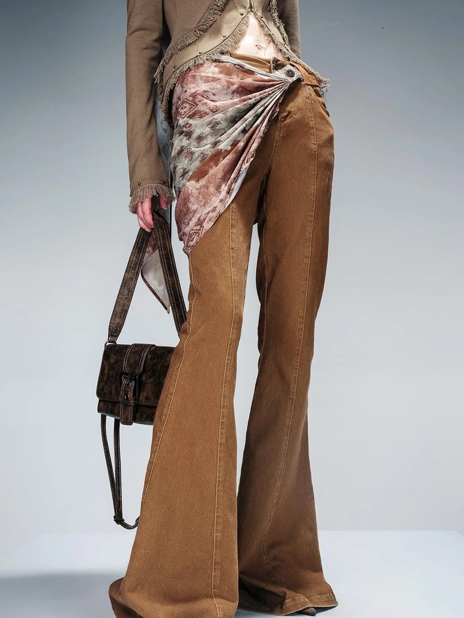 Stretch Denim Flare Pants With Detachable Printed Scarf