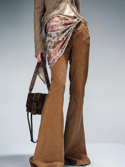 Stretch Denim Flare Pants With Detachable Printed Scarf