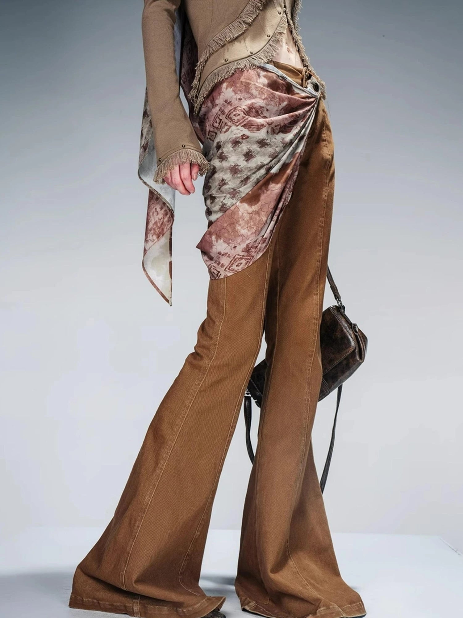 Stretch Denim Flare Pants With Detachable Printed Scarf