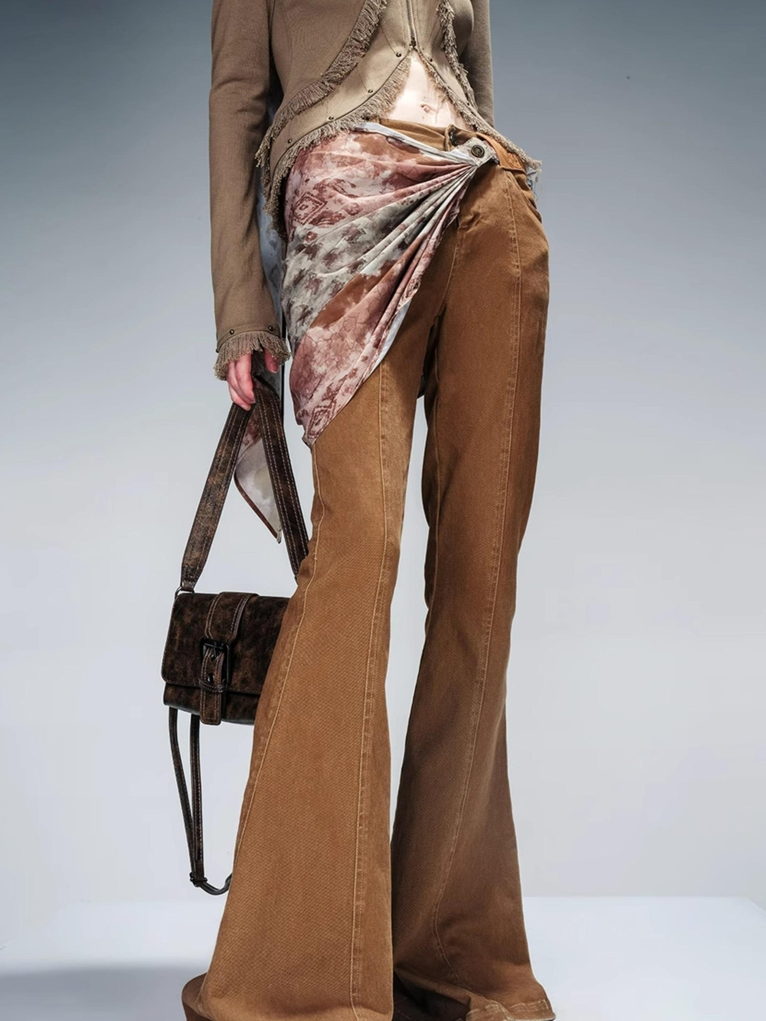 NN NORTH NODE Stretch Denim Flare Pants With Detachable Printed Scarf