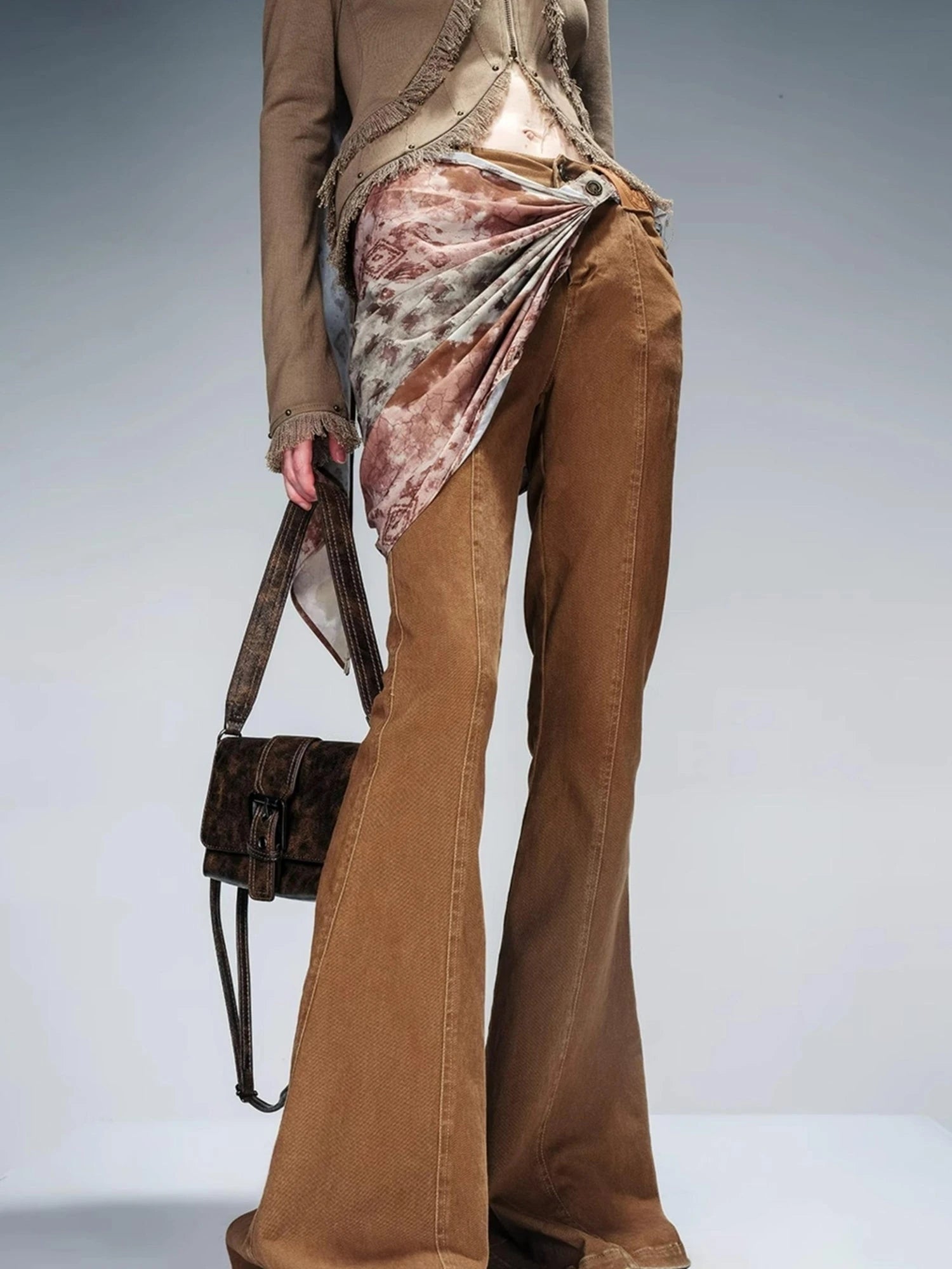 Stretch Denim Flare Pants With Detachable Printed Scarf