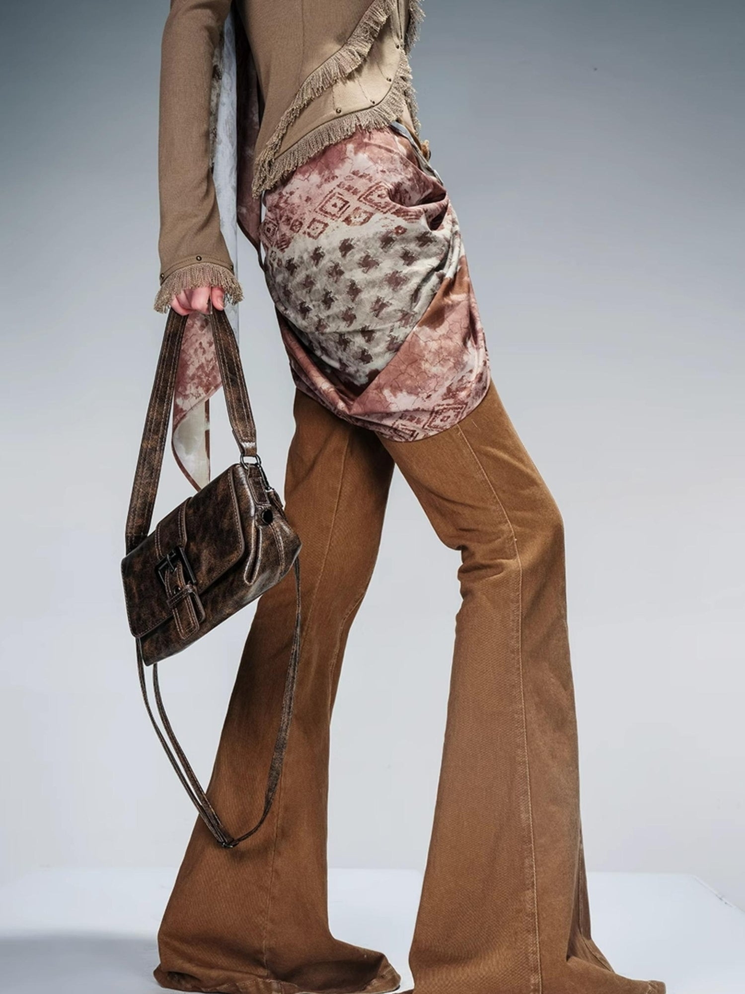 NN NORTH NODE Stretch Denim Flare Pants With Detachable Printed Scarf