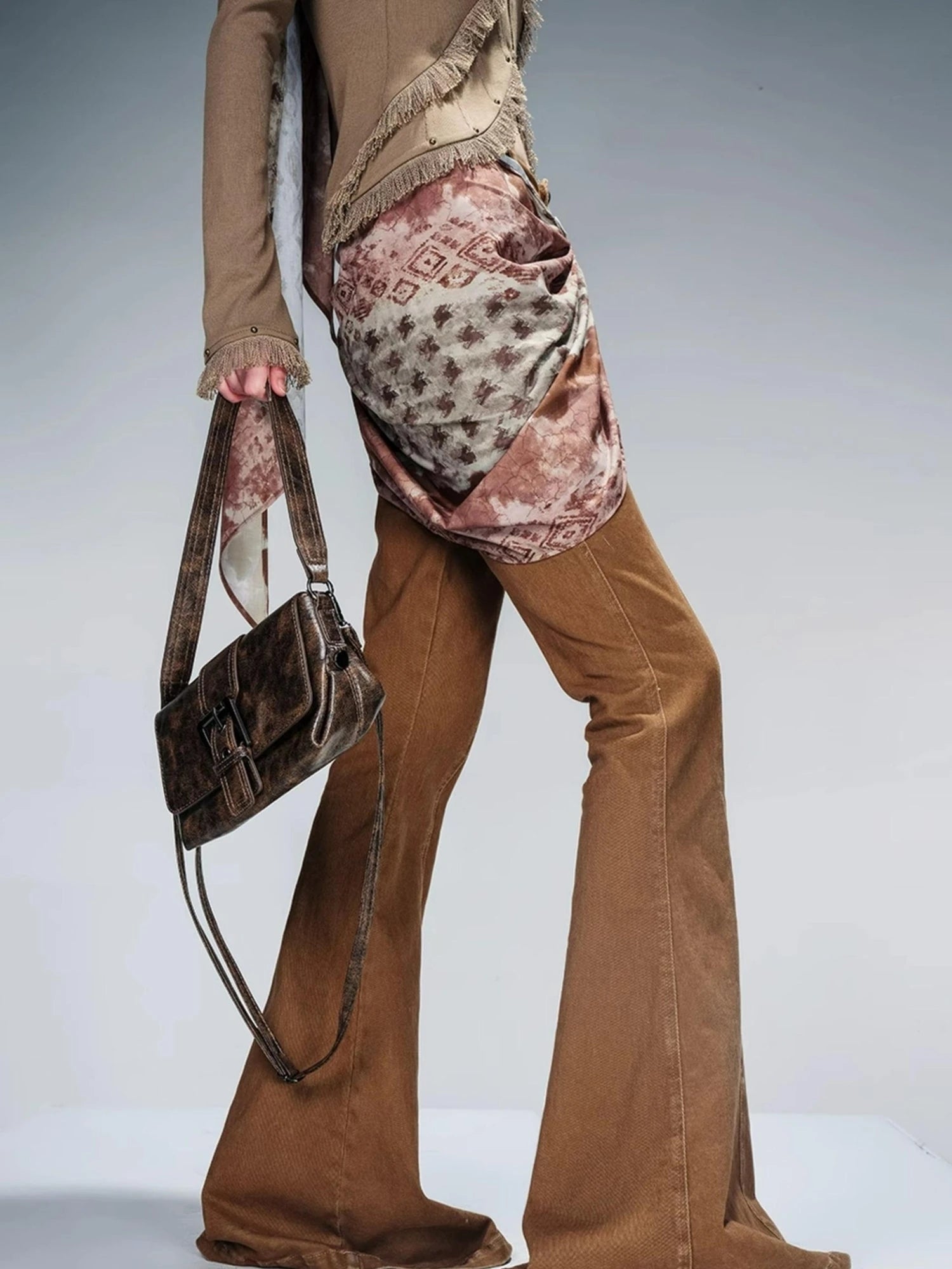 Stretch Denim Flare Pants With Detachable Printed Scarf