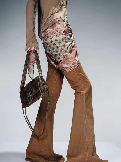 Stretch Denim Flare Pants With Detachable Printed Scarf