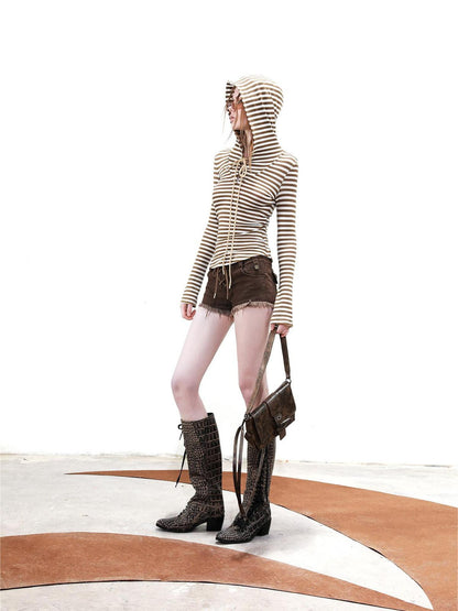 UpdateNN NORTH NODE Striped Hooded Drawstring Long Sleeve Top