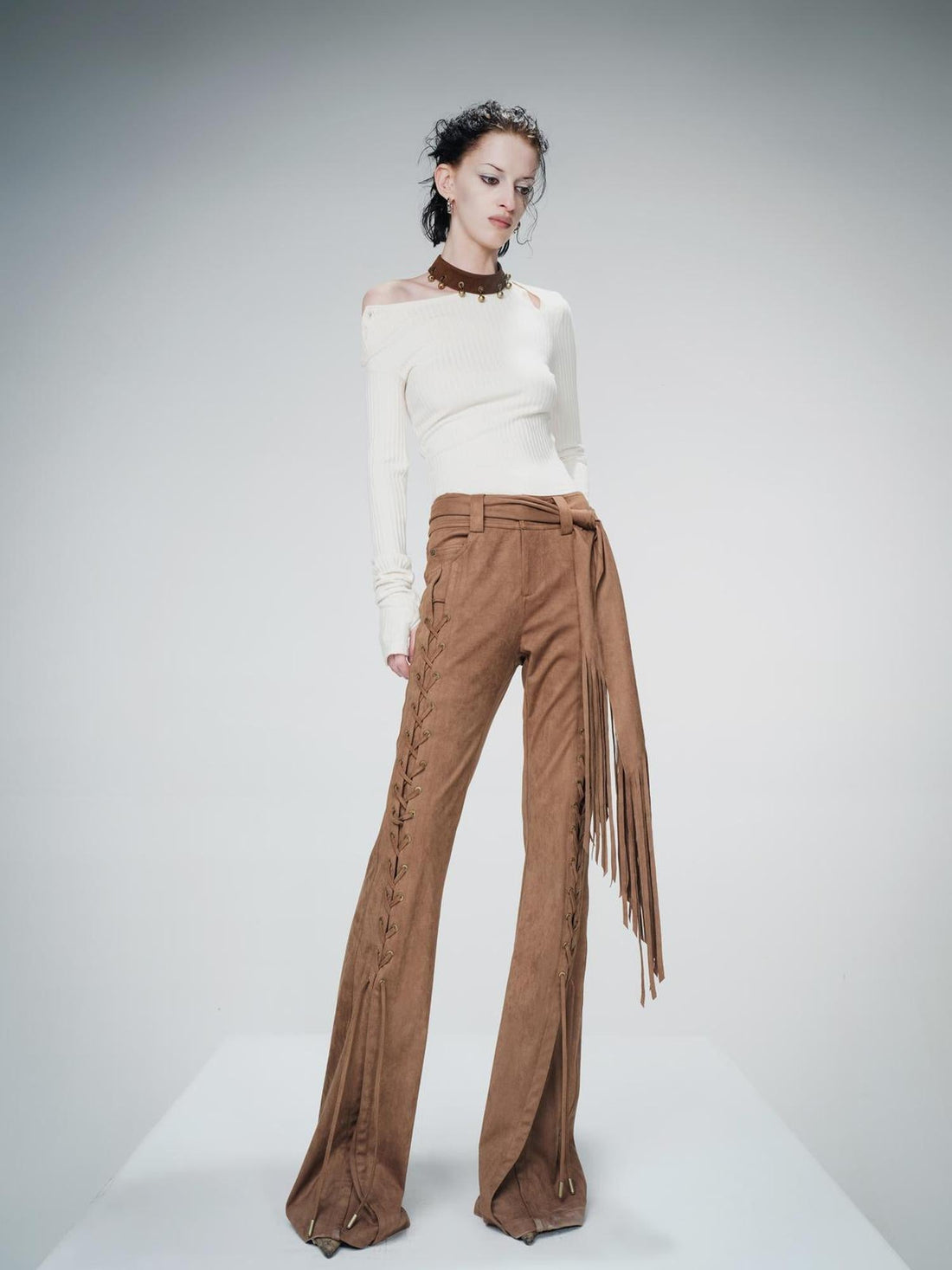 UpdateNN NORTH NODE Suede Flared Trousers with Detachable Waist Sash and Lacing Detail