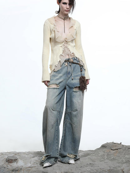 NN NORTH NODE Tattered Lace Mesh Trimmed Knit Cardigan