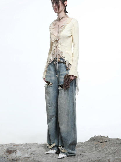 NN NORTH NODE Tattered Lace Mesh Trimmed Knit Cardigan
