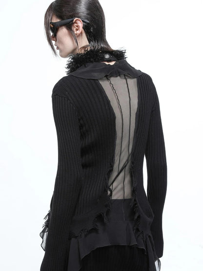 Tattered Lace Mesh Trimmed Knit Cardigan