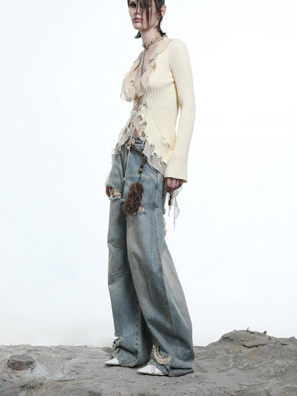 NN NORTH NODE Tattered Lace Mesh Trimmed Knit Cardigan