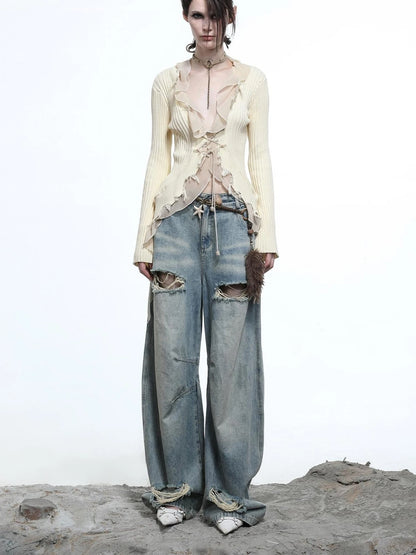 Tattered Lace Mesh Trimmed Knit Cardigan