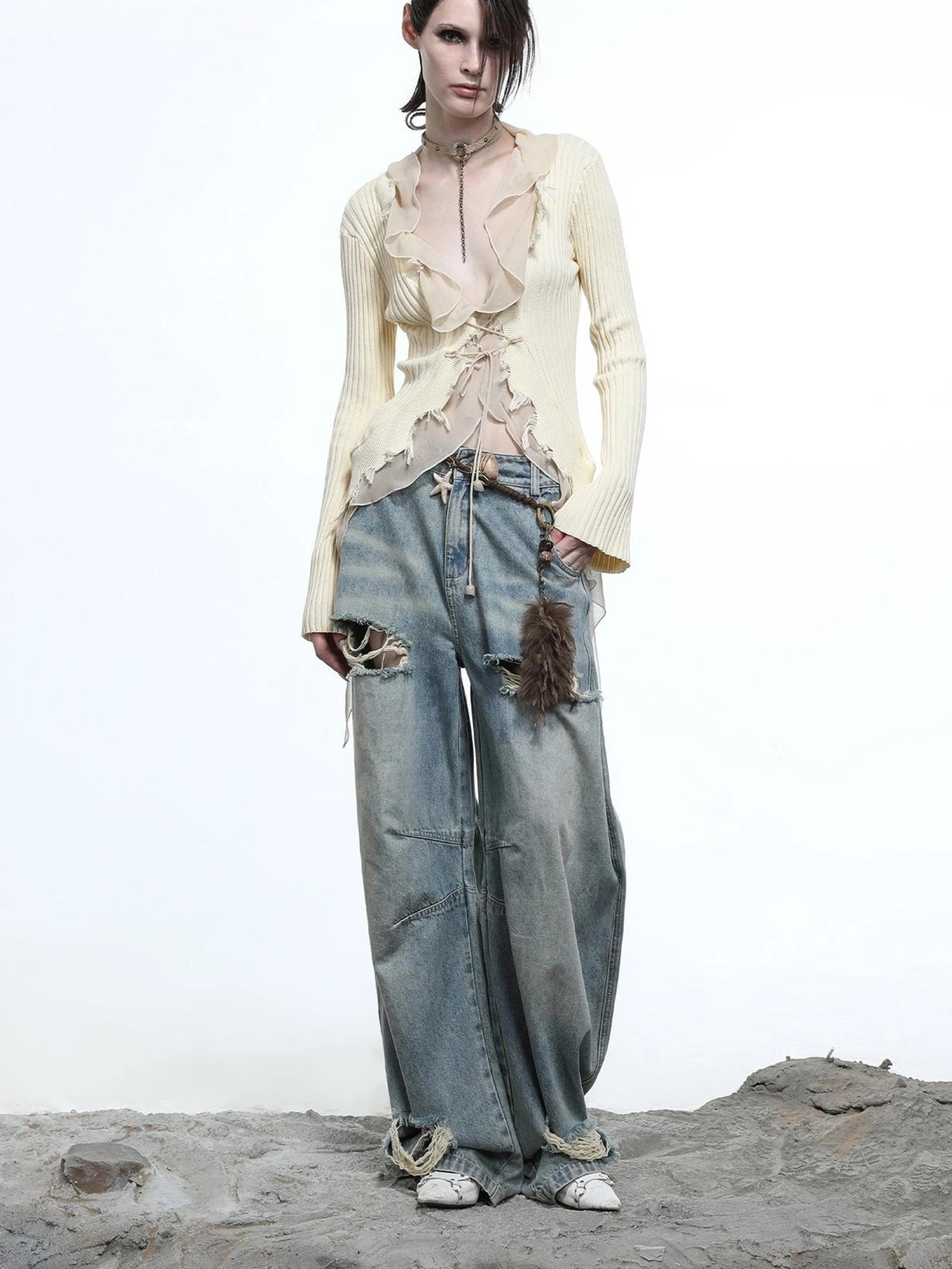 Tattered Lace Mesh Trimmed Knit Cardigan