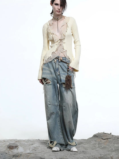 Tattered Lace Mesh Trimmed Knit Cardigan