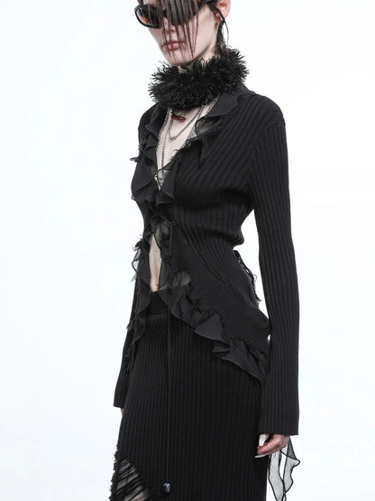 Tattered Lace Mesh Trimmed Knit Cardigan