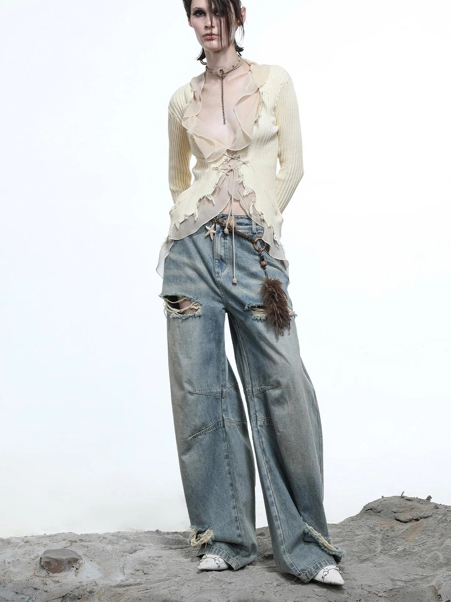 Tattered Lace Mesh Trimmed Knit Cardigan