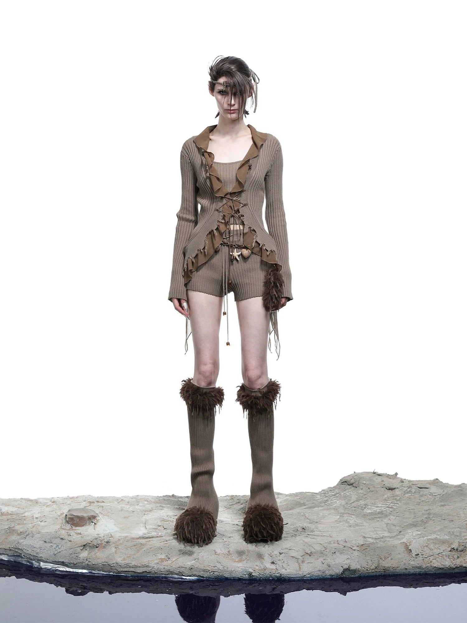 Tattered Lace Mesh Trimmed Knit Cardigan