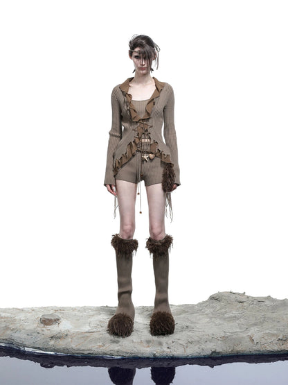 Tattered Lace Mesh Trimmed Knit Cardigan