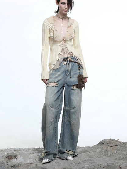 Tattered Lace Mesh Trimmed Knit Cardigan