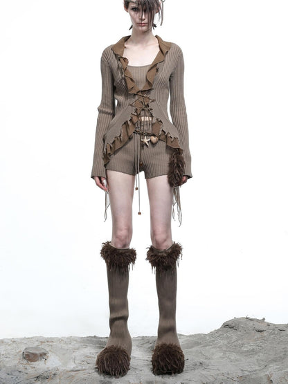 NN NORTH NODE Tattered Lace Mesh Trimmed Knit Cardigan
